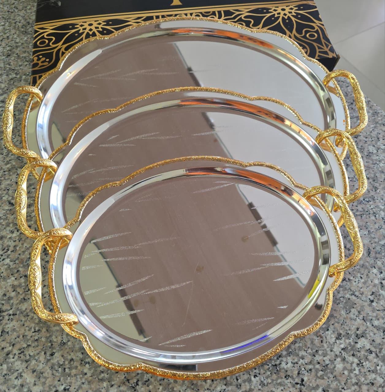 Luxury Serving Tray Set 3 Pieces Iron Steel Serving Tray Set Full Nickel With Gold Handle - Image 11