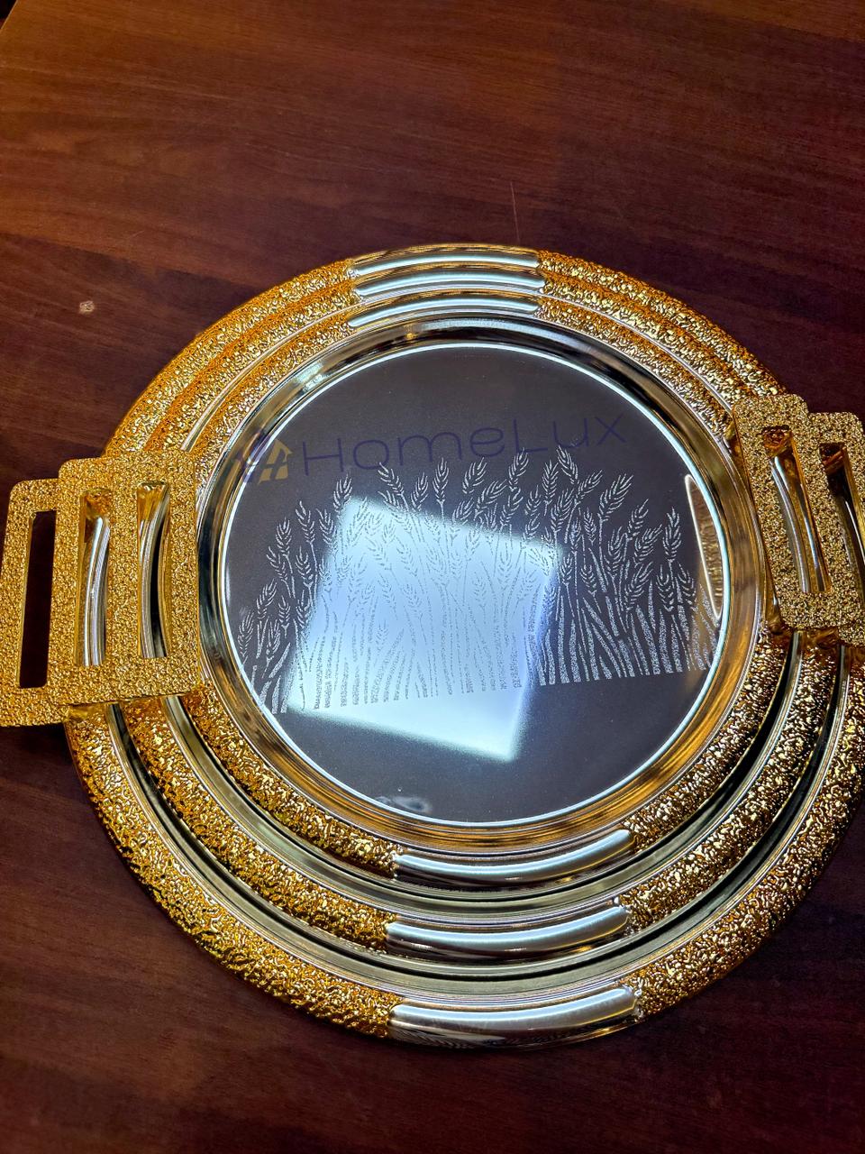 Luxury Serving Tray Set 3 Pieces Iron Steel Serving Tray Set Full Nickel With Gold Handle - Image 3