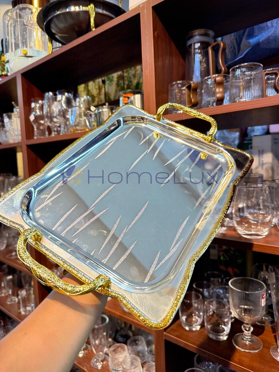 Luxury Serving Tray Set 3 Pieces Iron Steel Serving Tray Set Full Nickel With Gold Handle - Image 4