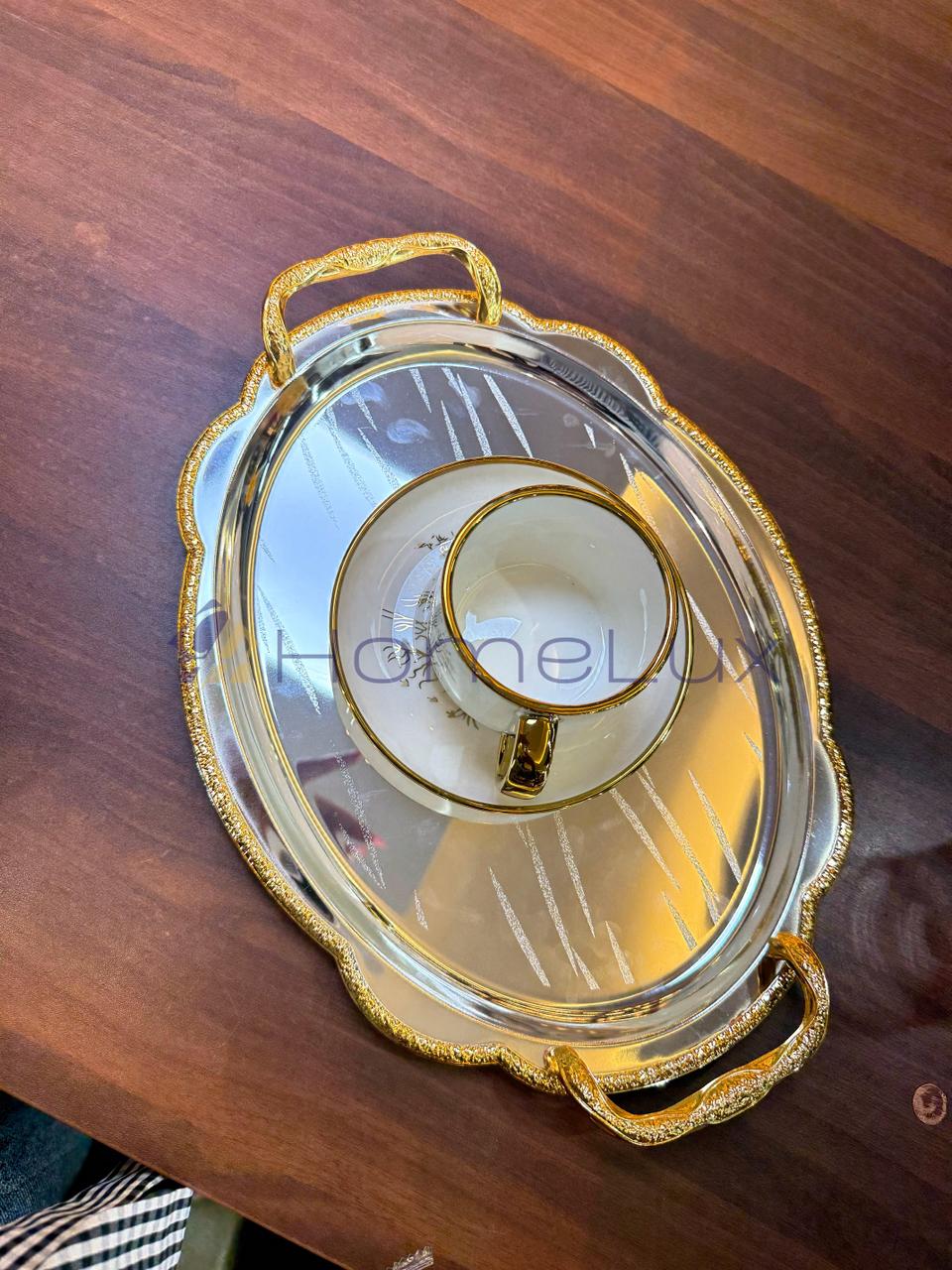 Luxury Serving Tray Set 3 Pieces Iron Steel Serving Tray Set Full Nickel With Gold Handle - Image 5