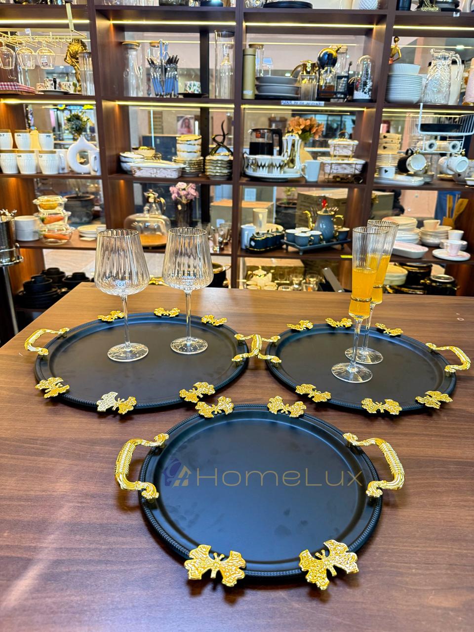 Luxury Serving Tray Set 3 Pieces Iron Steel Serving Tray Set Full Nickel With Gold Handle - Image 7