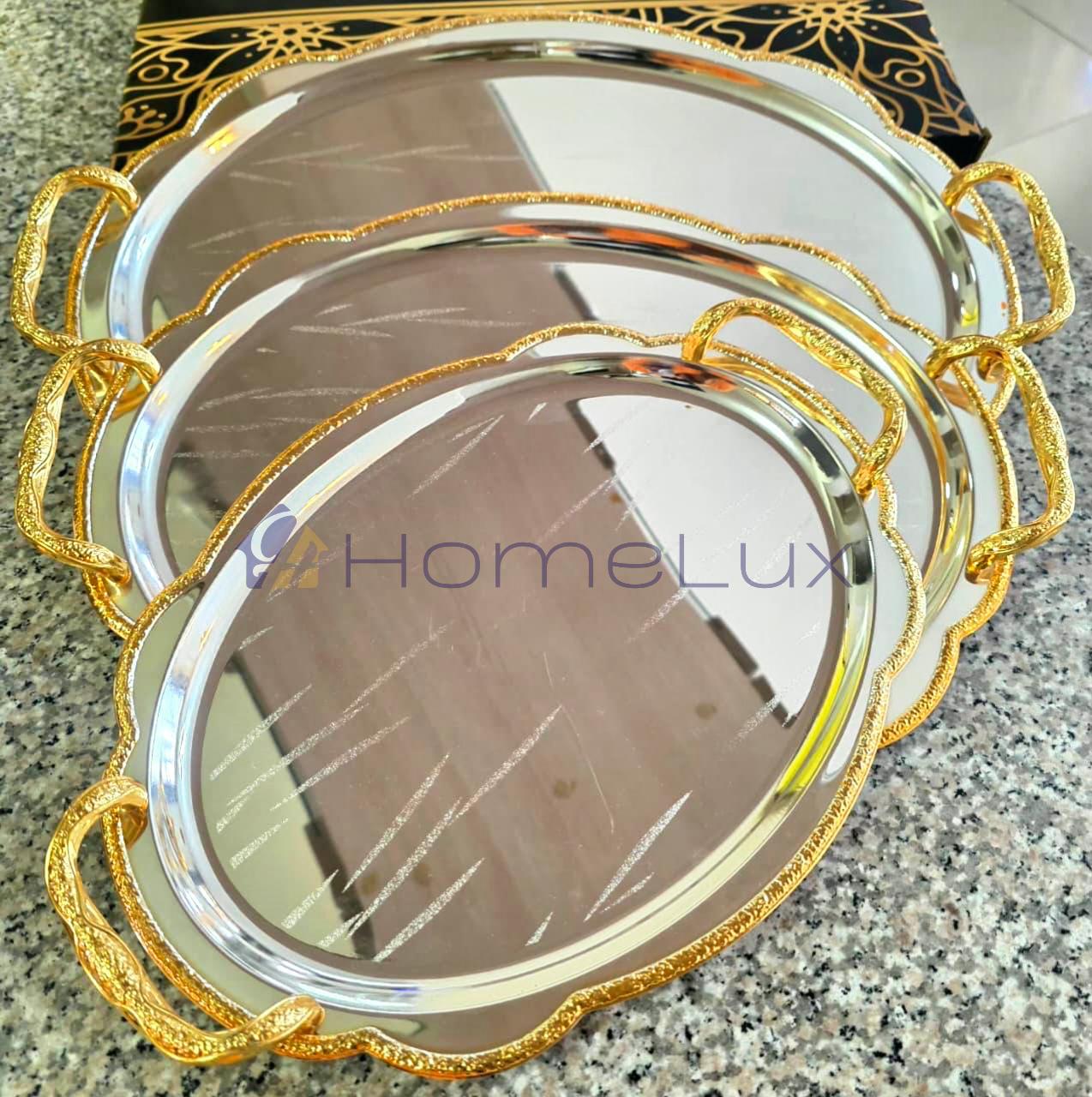 Luxury Serving Tray Set 3 Pieces Iron Steel Serving Tray Set Full Nickel With Gold Handle - Image 9