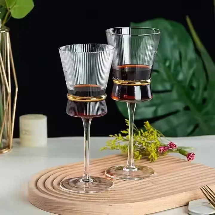 Luxury Style Ribbed Wine Glasses Lead-free Crystal Glass Gold Belt Striped Goblets Champagne Glasses 6pcs - Image 2
