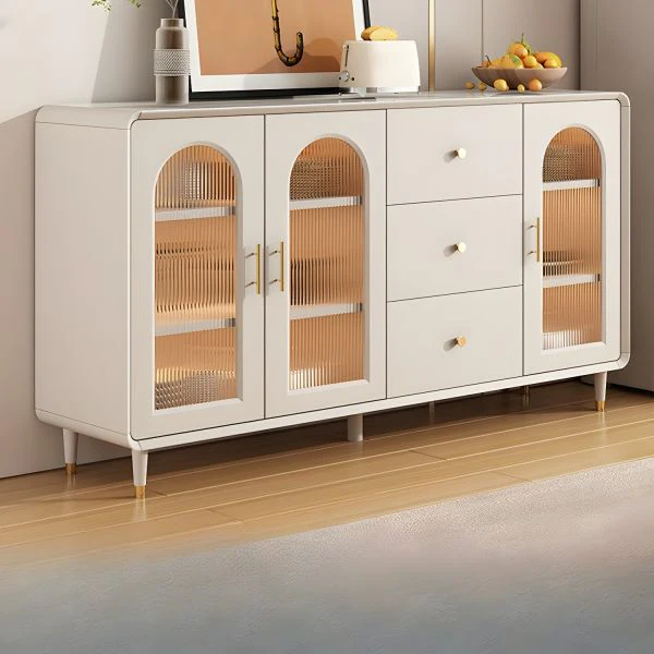 Modern Wood & Stone Buffet Console Table with Glass Doors – Luxury Entryway Cabinet | Kenya - Image 2