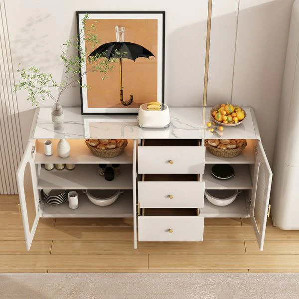 Modern Wood & Stone Buffet Console Table with Glass Doors – Luxury Entryway Cabinet | Kenya - Image 4