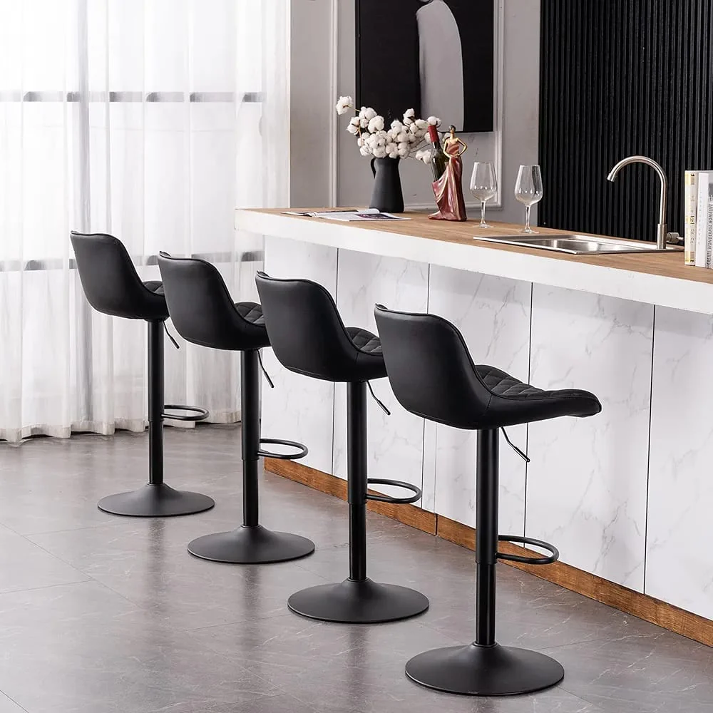 Modern Kitchen Top Stool Adjustable Height and Swivel Padded with Back Rest Black Faux Leather Bar Chair for Bar Island Kitchen Counter - Image 2