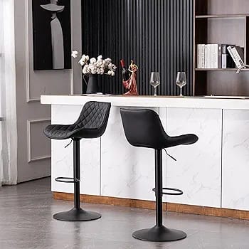 Modern Kitchen Top Stool Adjustable Height and Swivel Padded with Back Rest Black Faux Leather Bar Chair for Bar Island Kitchen Counter - Image 3