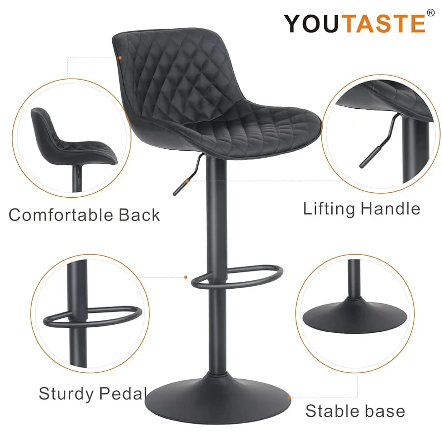 Modern Kitchen Top Stool Adjustable Height and Swivel Padded with Back Rest Black Faux Leather Bar Chair for Bar Island Kitchen Counter - Image 4