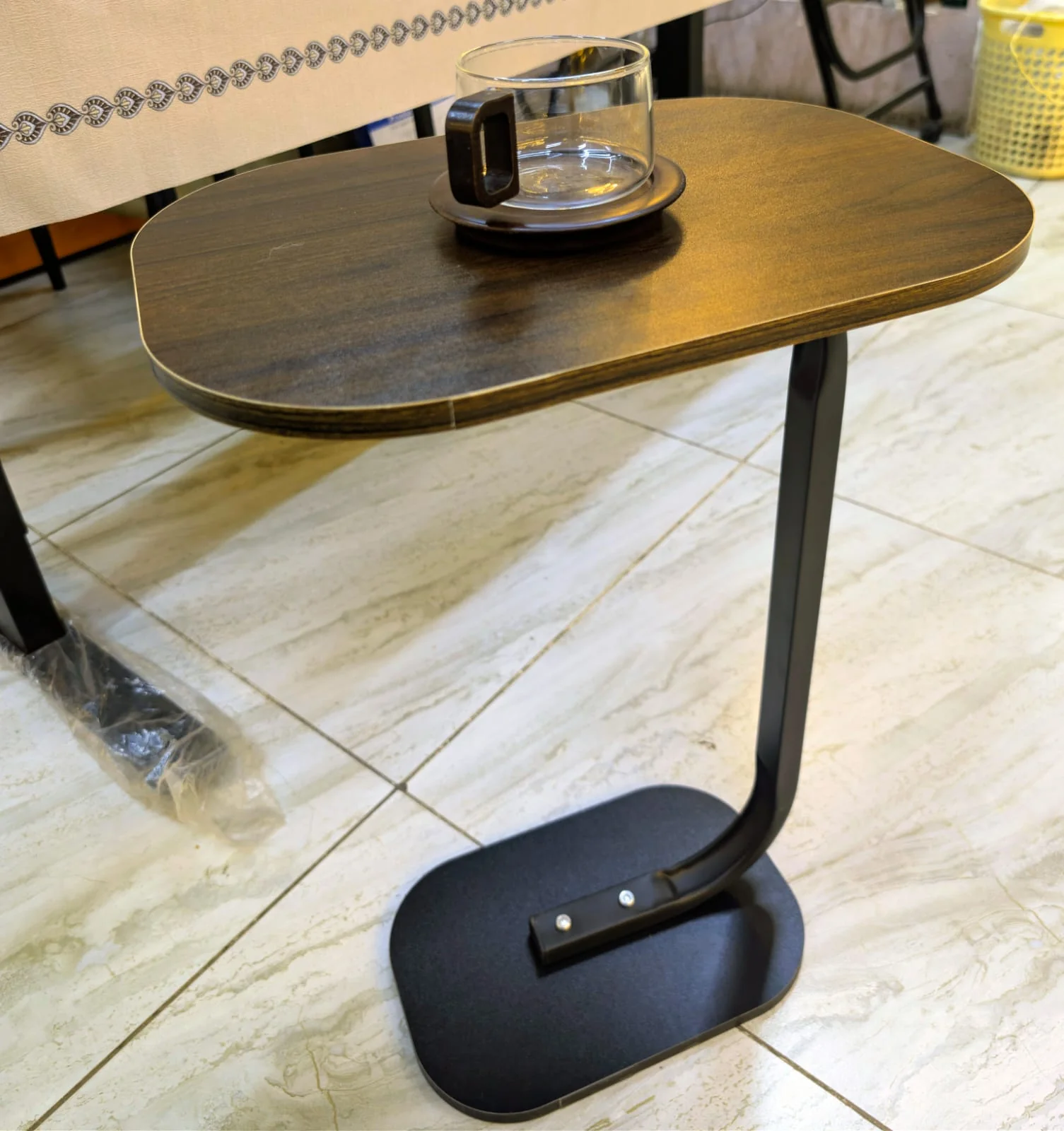 Modern Light Luxury Coffee Table C-Shaped Wooden & Steel Side Table - Image 5