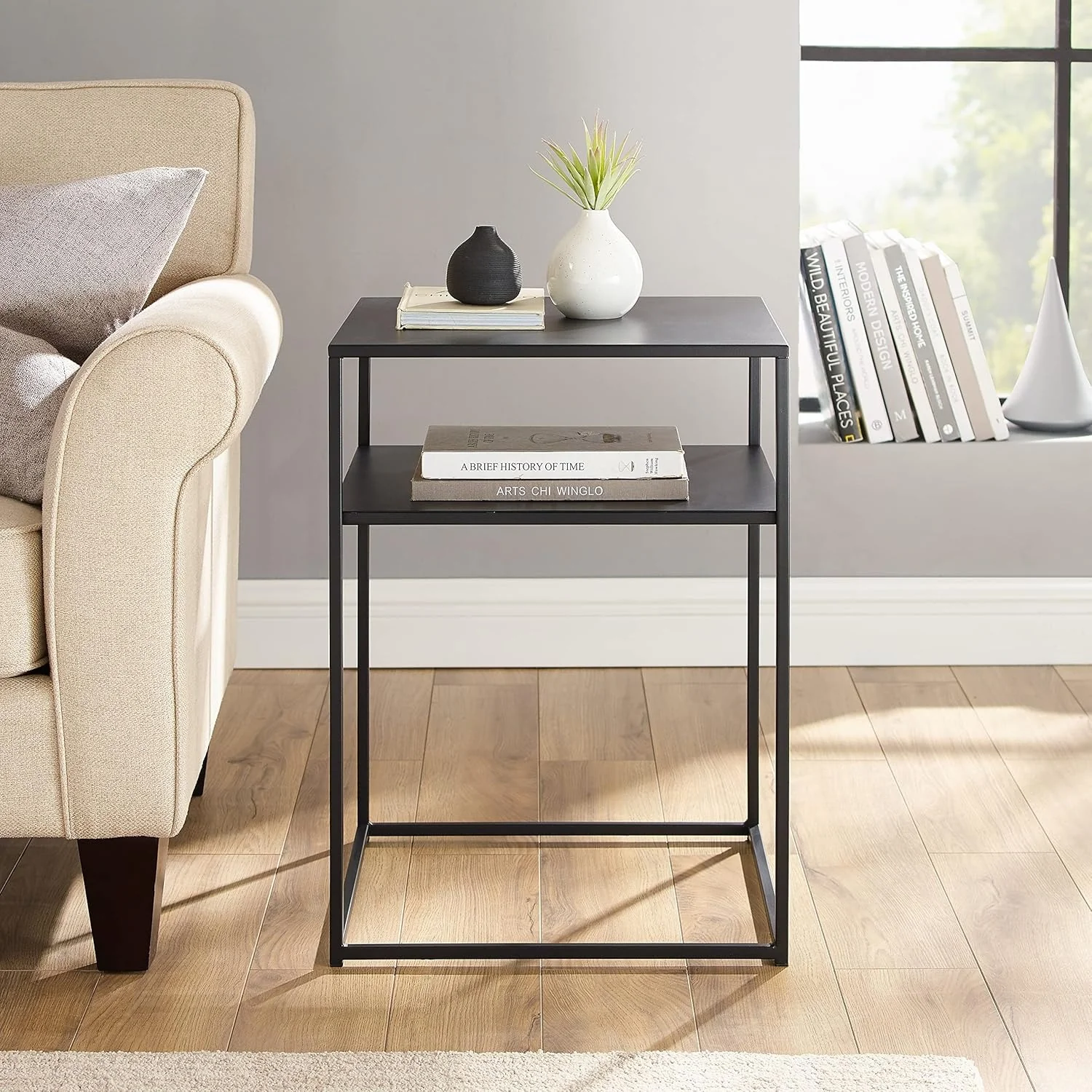 Modern Storage Table 2-Tier Metal Accent Table in Black & White Space-Saving Phone Desk, Bedside Table for Bedroom & Lounge Corner - Image 2