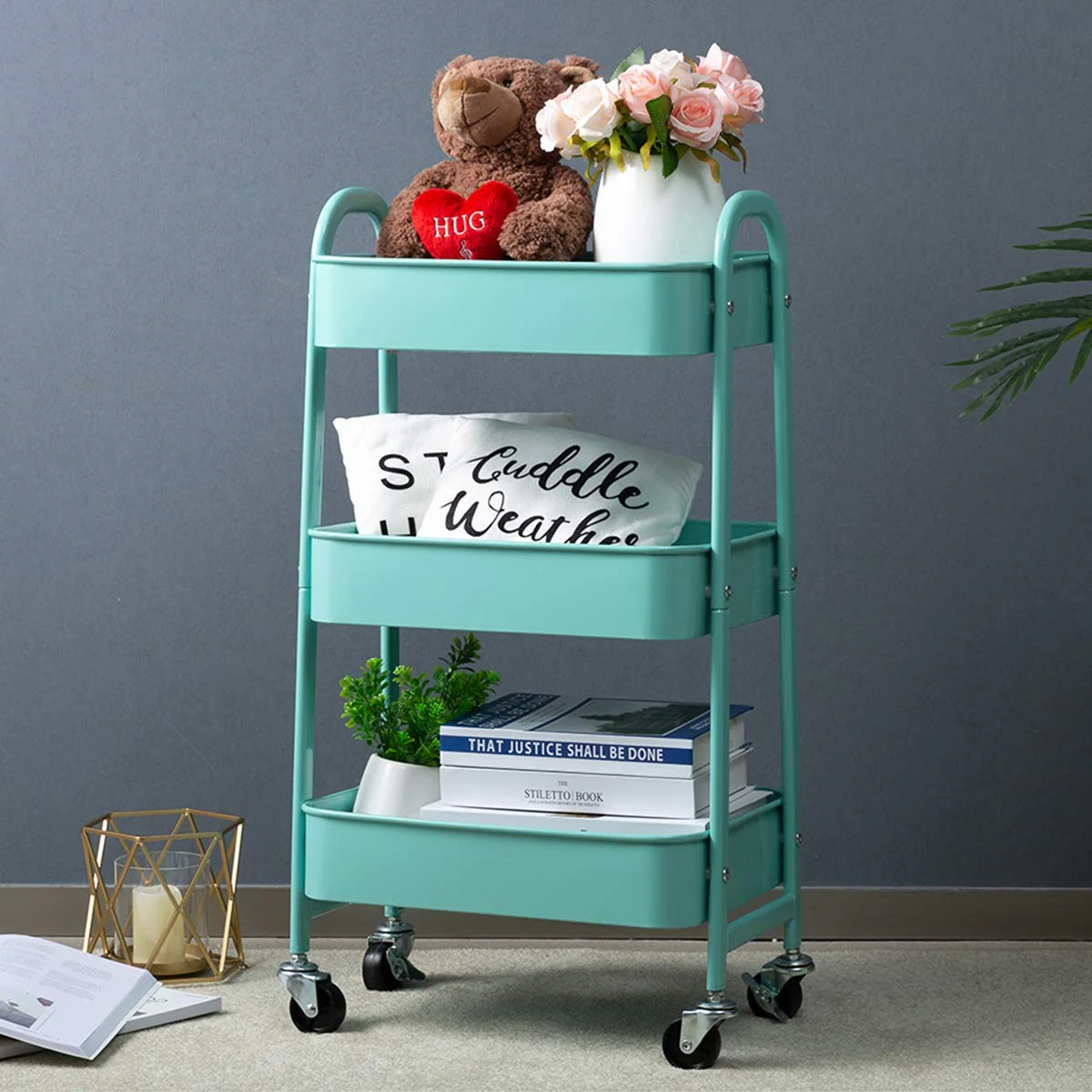 3 Tier Fully Metallic Movable Trolley Storage Rack with Wheels for Kitchen Bathroom Office - Image 2