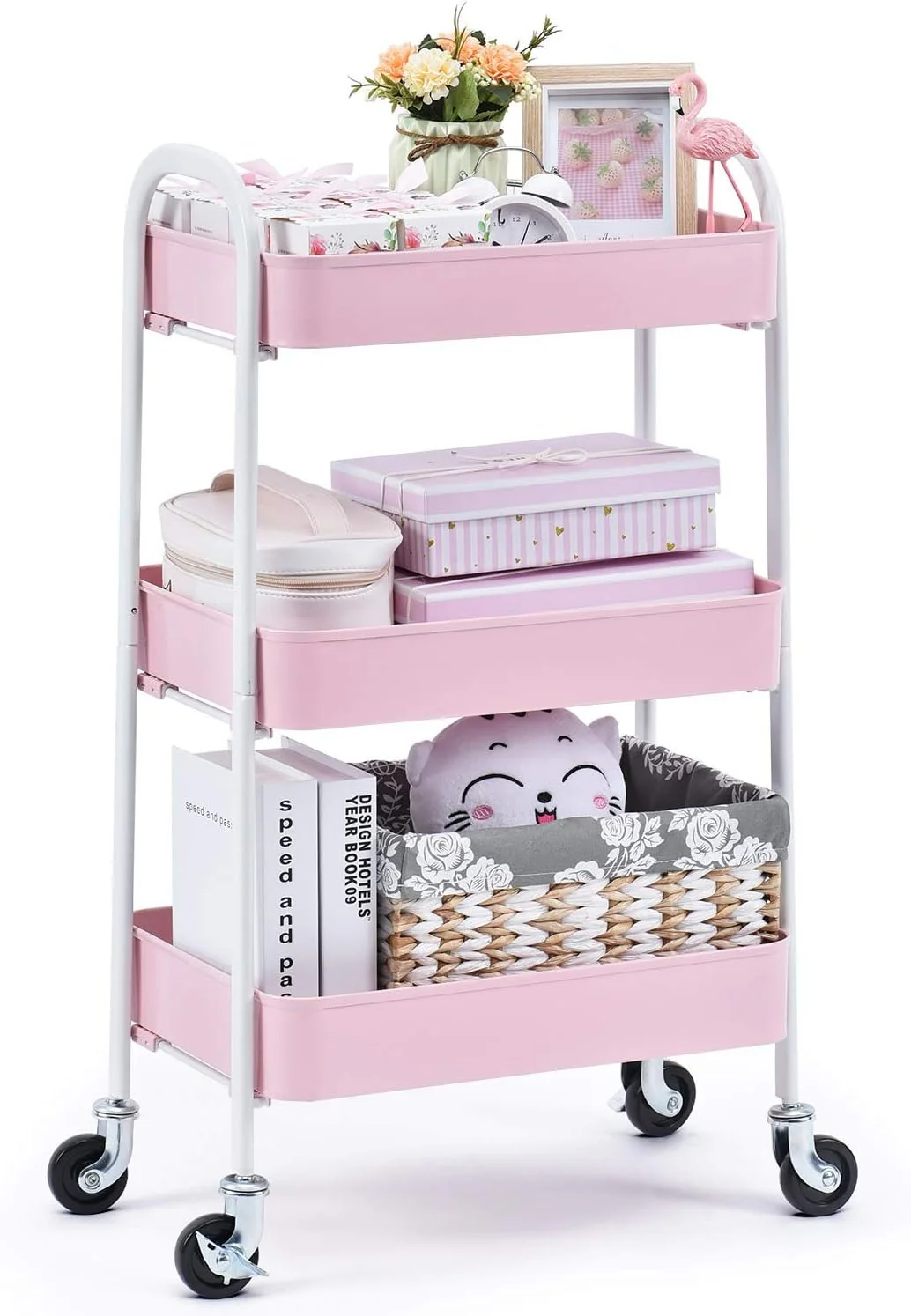 3 Tier Fully Metallic Movable Trolley Storage Rack with Wheels for Kitchen Bathroom Office - Image 3