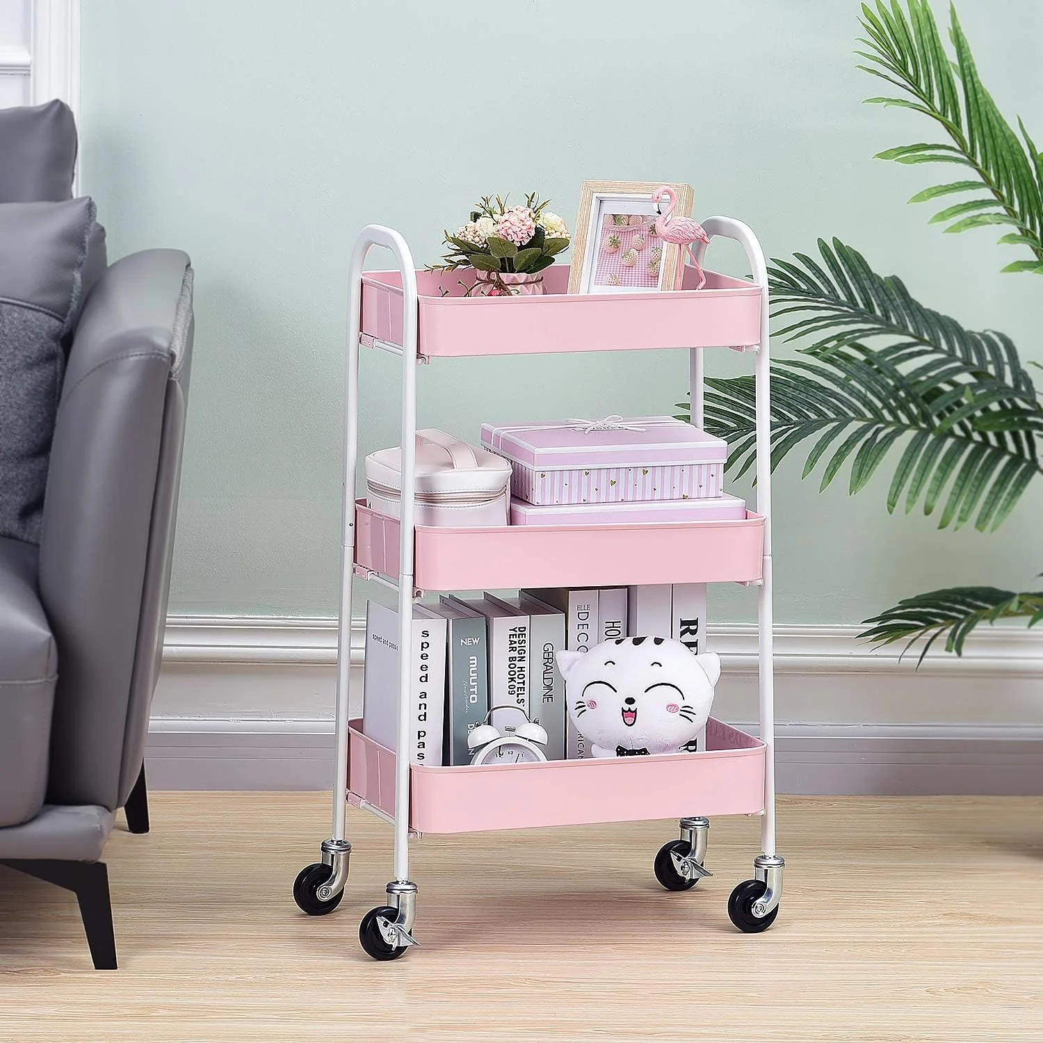 3 Tier Fully Metallic Movable Trolley Storage Rack with Wheels for Kitchen Bathroom Office - Image 4