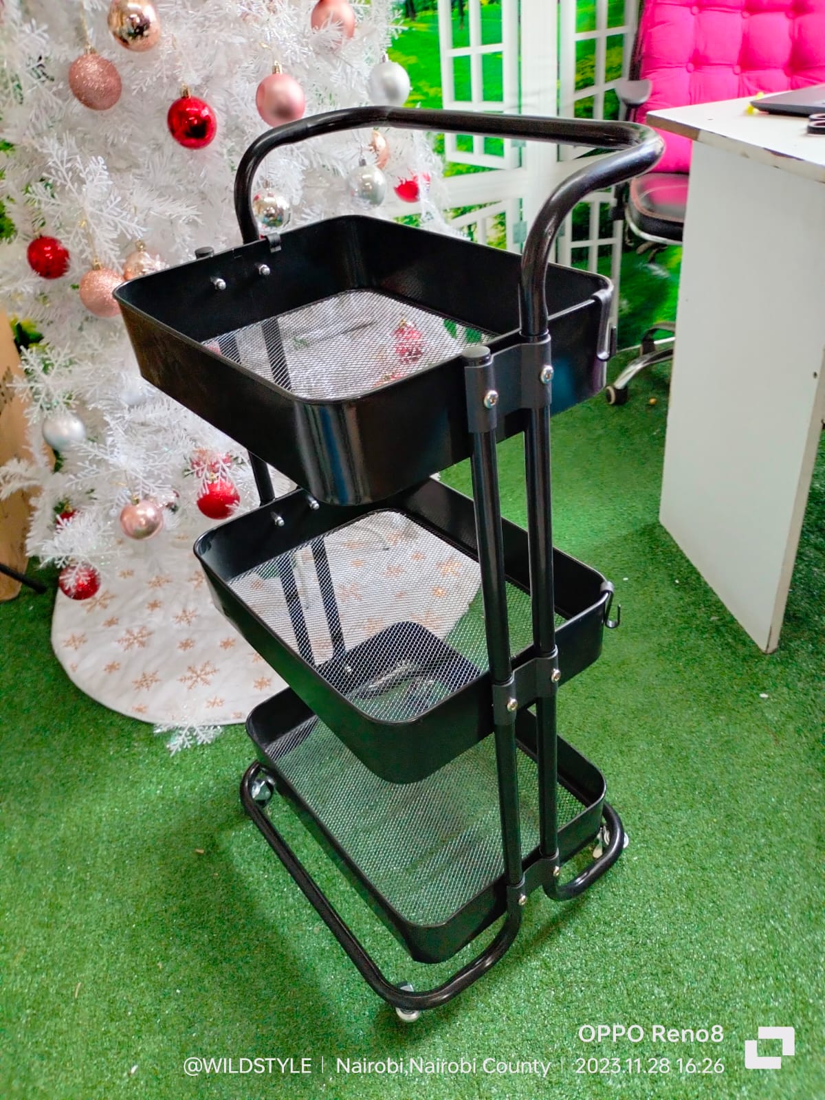 3 Tier Fully Metallic Movable Trolley Storage Rack with Wheels for Kitchen Bathroom Office - Image 5