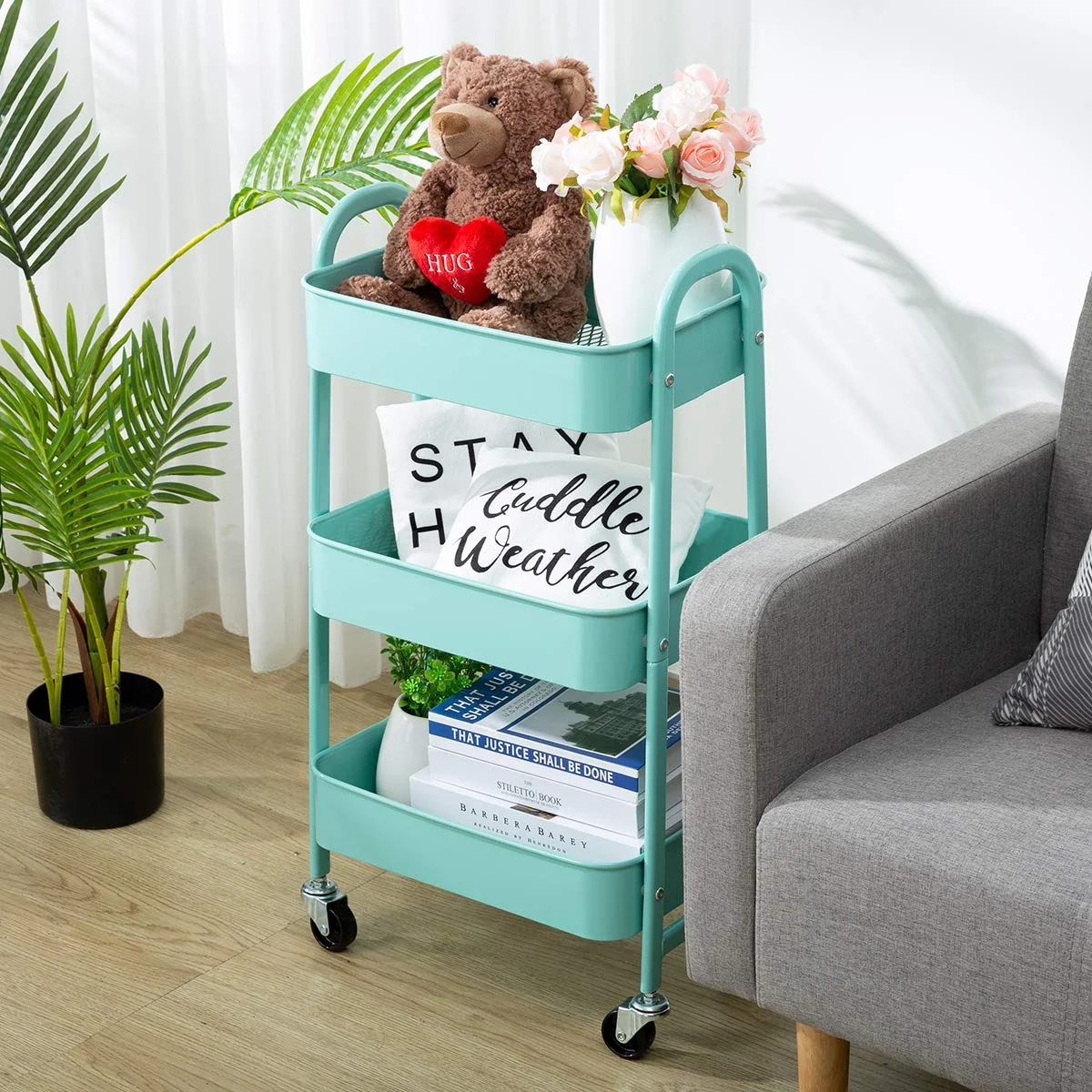 3 Tier Fully Metallic Movable Trolley Storage Rack with Wheels for Kitchen Bathroom Office - Image 7