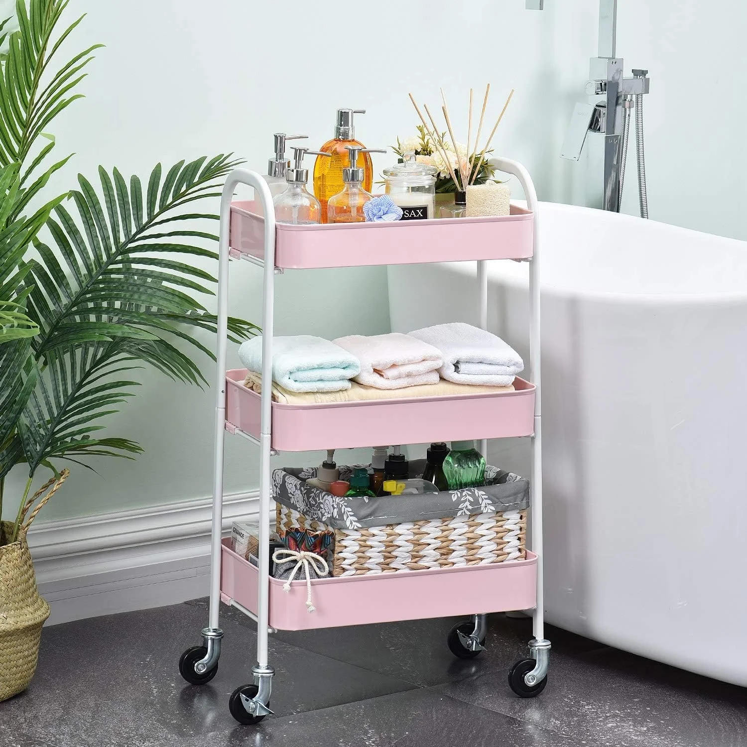 3 Tier Fully Metallic Movable Trolley Storage Rack with Wheels for Kitchen Bathroom Office - Image 9