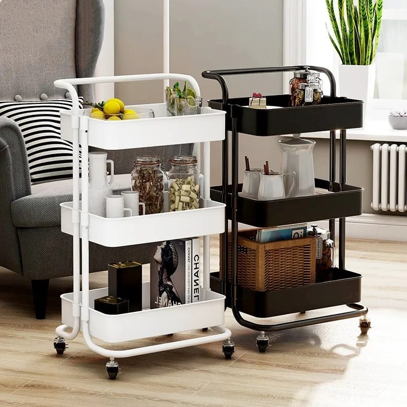 Multi Functional Movable Trolley Storage Rack Plastic Shelves with Metallic Stand and Wheels - Image 2