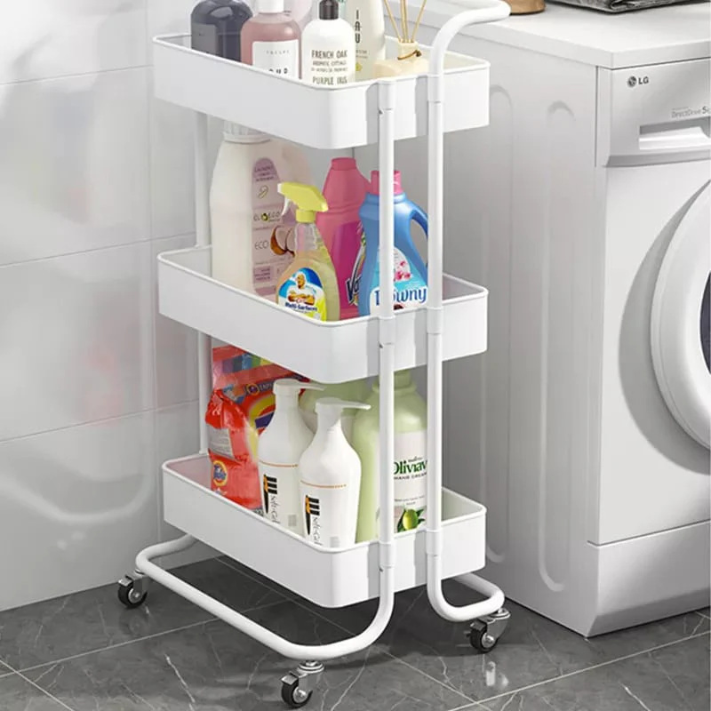 Multi Functional Movable Trolley Storage Rack Plastic Shelves with Metallic Stand and Wheels - Image 4
