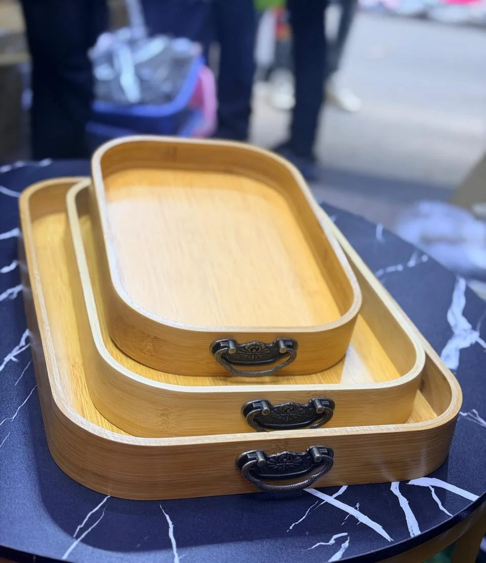 Multi-functional Round Bamboo Serving Trays Wooden Food Trays with Customised Handles – For Home Decor, Breakfast, Tea & Household Use - Image 2