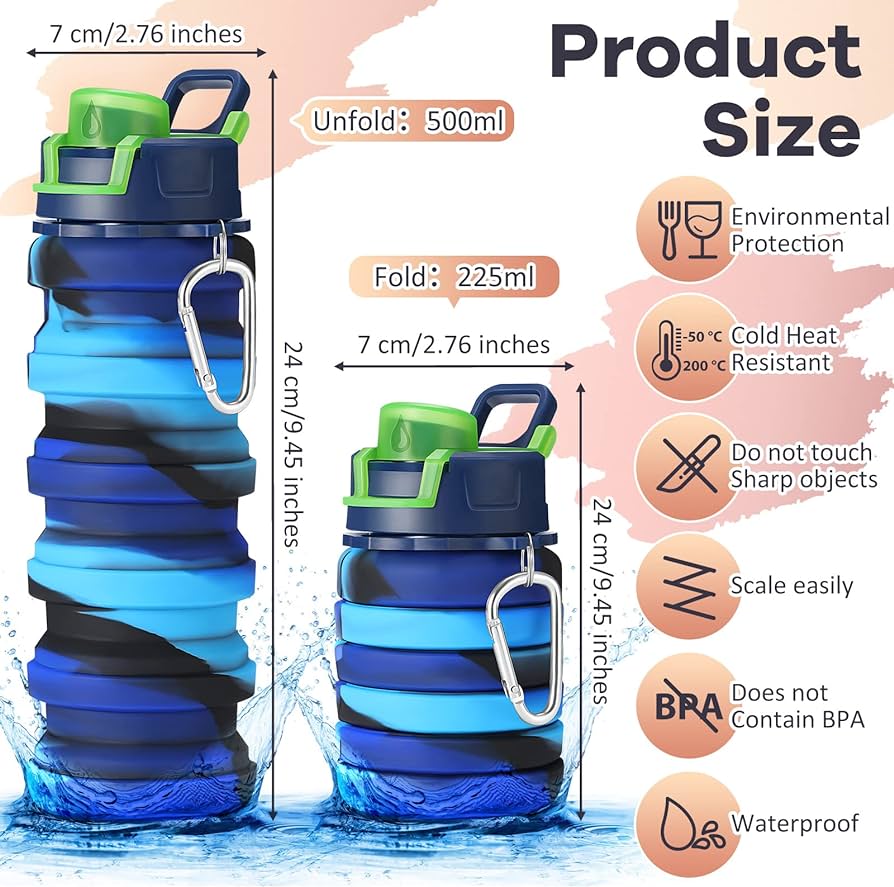Multicoloured 500ml silicone collapsible water bottle - Image 2