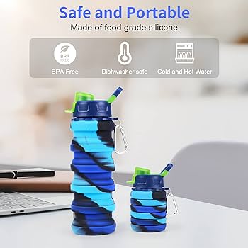 Multicoloured 500ml silicone collapsible water bottle - Image 3