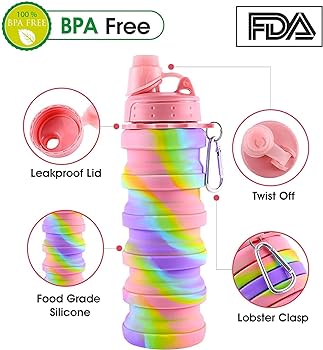 Multicoloured 500ml silicone collapsible water bottle - Image 4