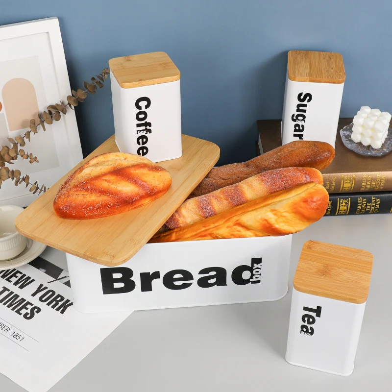 Nordic Bread Bin with 3 Canister Set – Bamboo Lid - Image 4