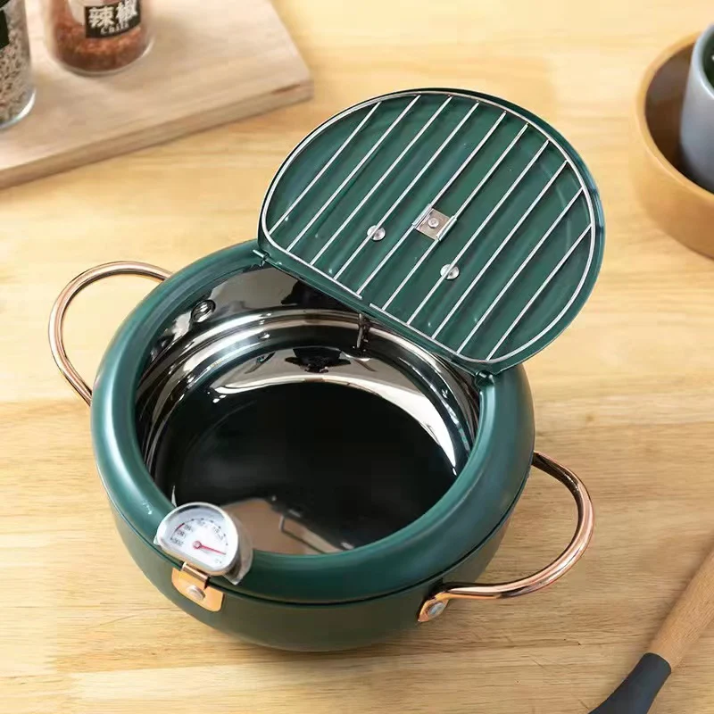 Nordic green coloured 3.4L Frying pot with thermometer and oil drain grill - Image 2