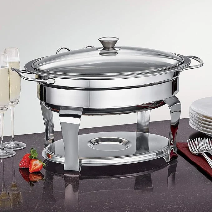 Oval Stainless Steel Chafing Dish with Glass Lid and Holder - Image 2