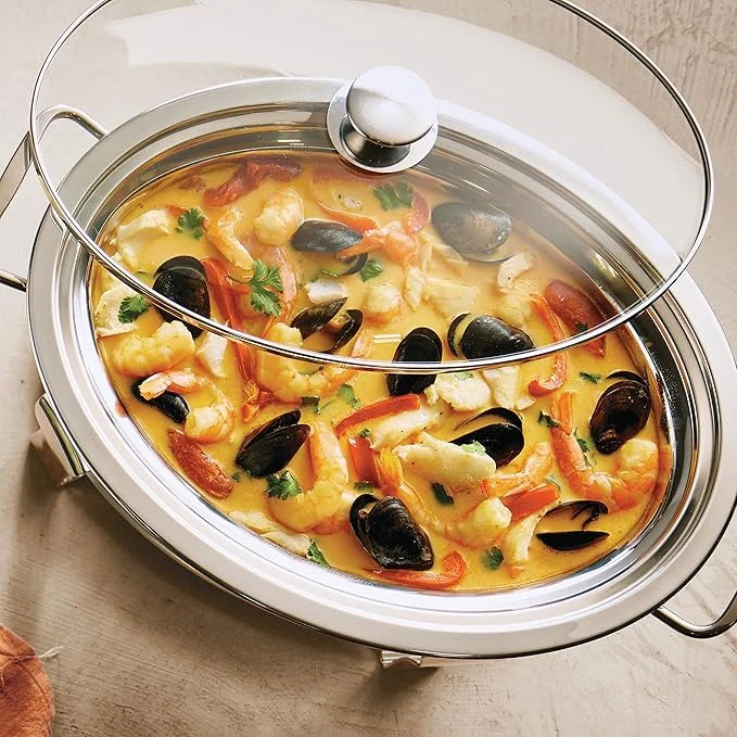 Oval Stainless Steel Chafing Dish with Glass Lid and Holder - Image 3