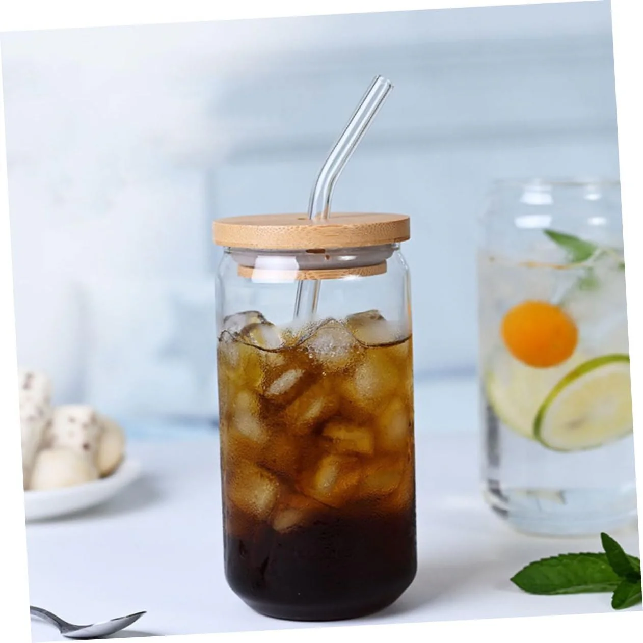 pcs Straw Glass Tumbler Straws Coffee Cup with Lid Glass Milk Cup Miss Bamboo Cover Household - Image 2