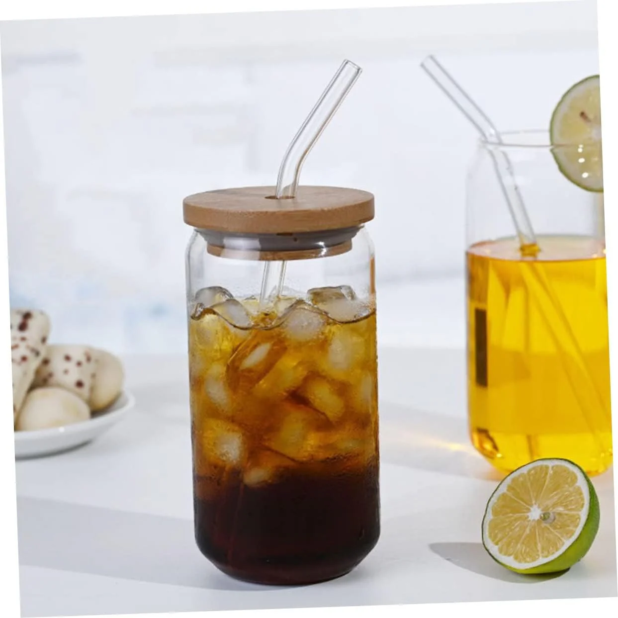 pcs Straw Glass Tumbler Straws Coffee Cup with Lid Glass Milk Cup Miss Bamboo Cover Household - Image 3