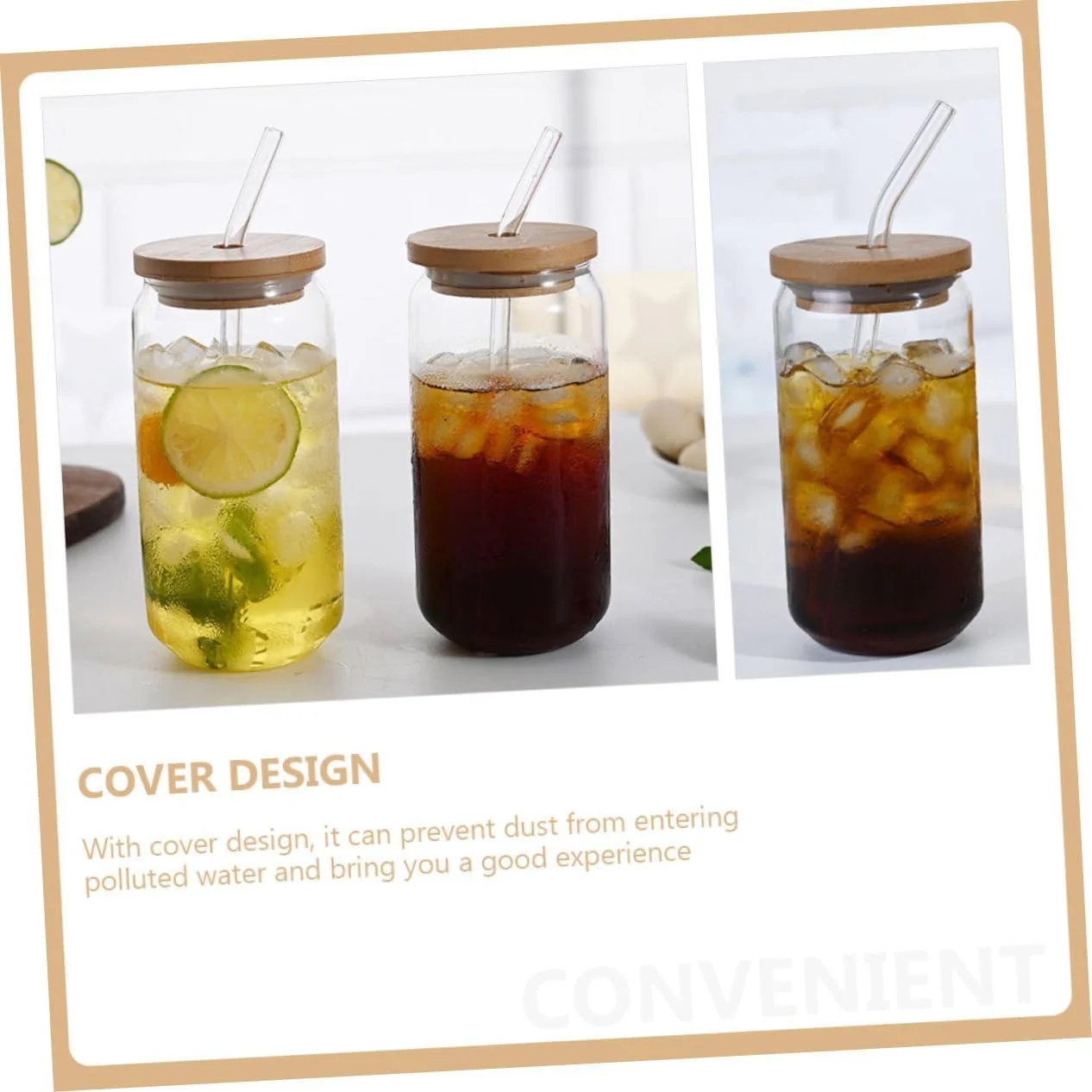 pcs Straw Glass Tumbler Straws Coffee Cup with Lid Glass Milk Cup Miss Bamboo Cover Household - Image 4