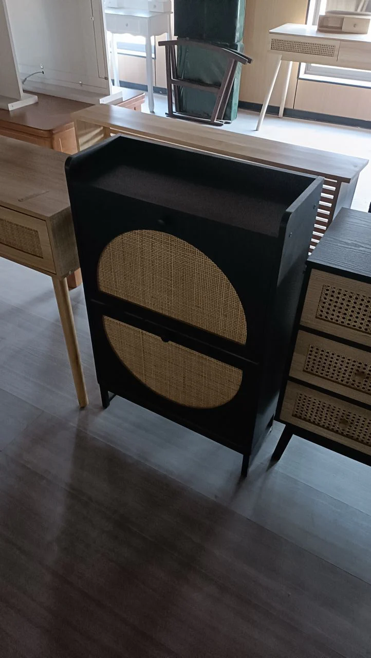 Premium Rattan Wooden Flip Shoe Organizer Cabinet rack– Black Finish - Image 3