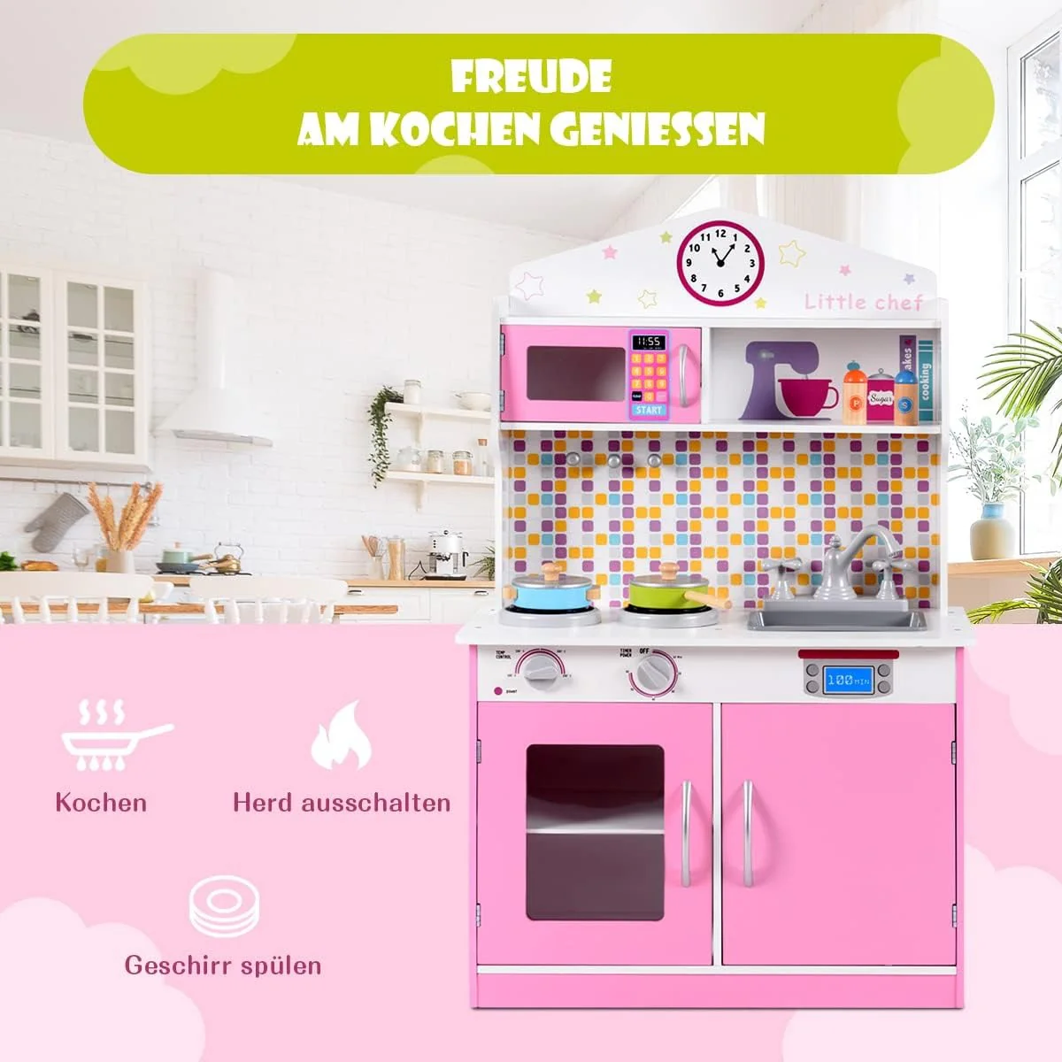 Pretend Play Toy Kitchen Set with Simulation Stove, Microwave Oven and Realistic Sounds, Large Wooden Play Kitchen for Toddlers - Image 2