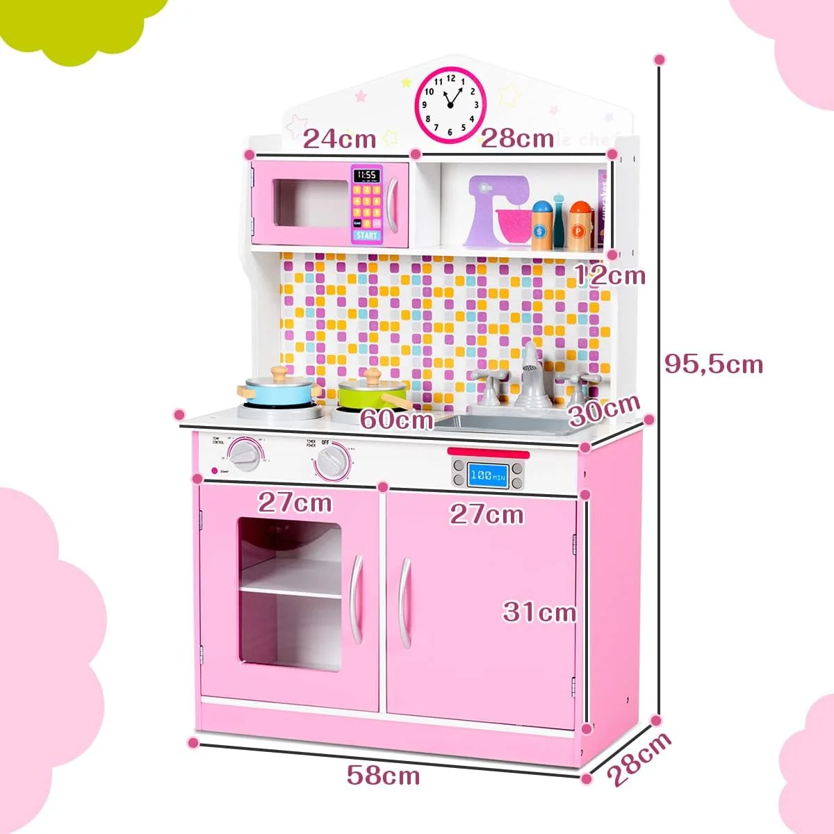 Pretend Play Toy Kitchen Set with Simulation Stove, Microwave Oven and Realistic Sounds, Large Wooden Play Kitchen for Toddlers - Image 3