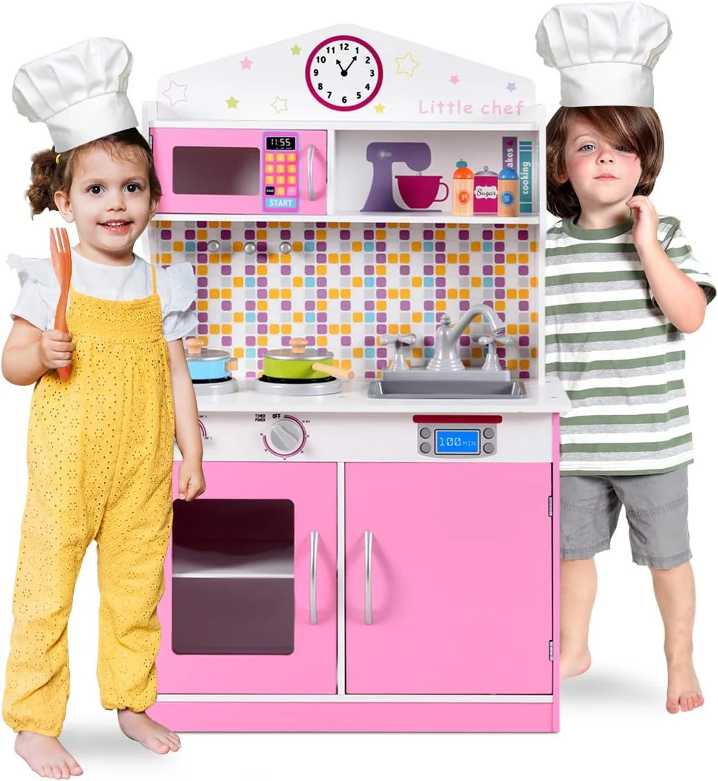 Pretend Play Toy Kitchen Set with Simulation Stove, Microwave Oven and Realistic Sounds, Large Wooden Play Kitchen for Toddlers - Image 4