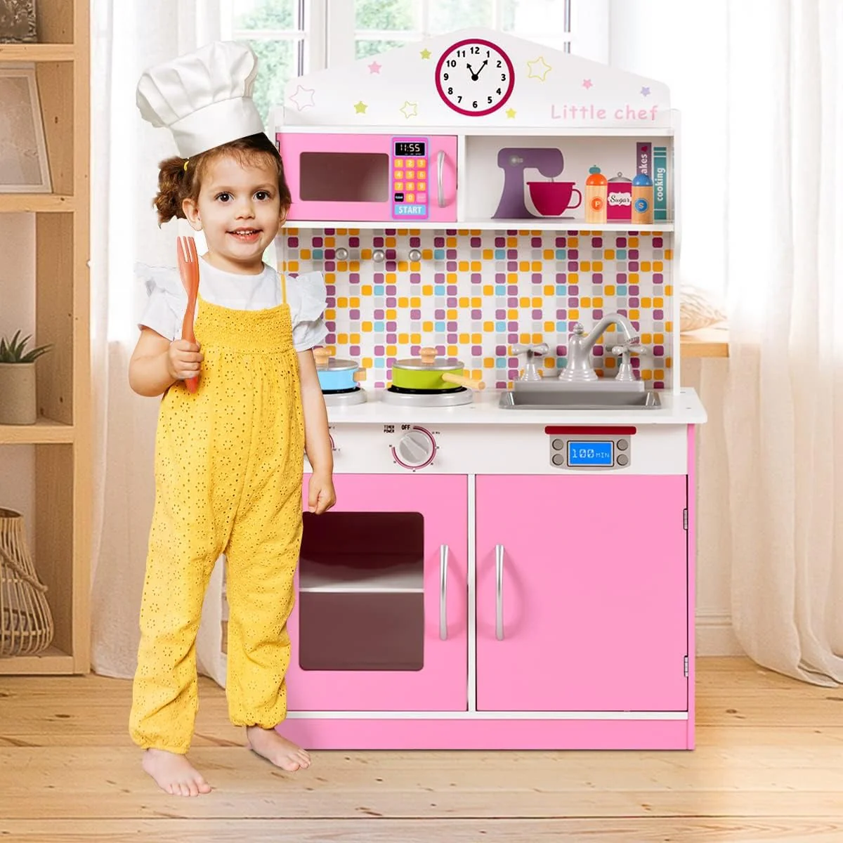 Pretend Play Toy Kitchen Set with Simulation Stove, Microwave Oven and Realistic Sounds, Large Wooden Play Kitchen for Toddlers - Image 6