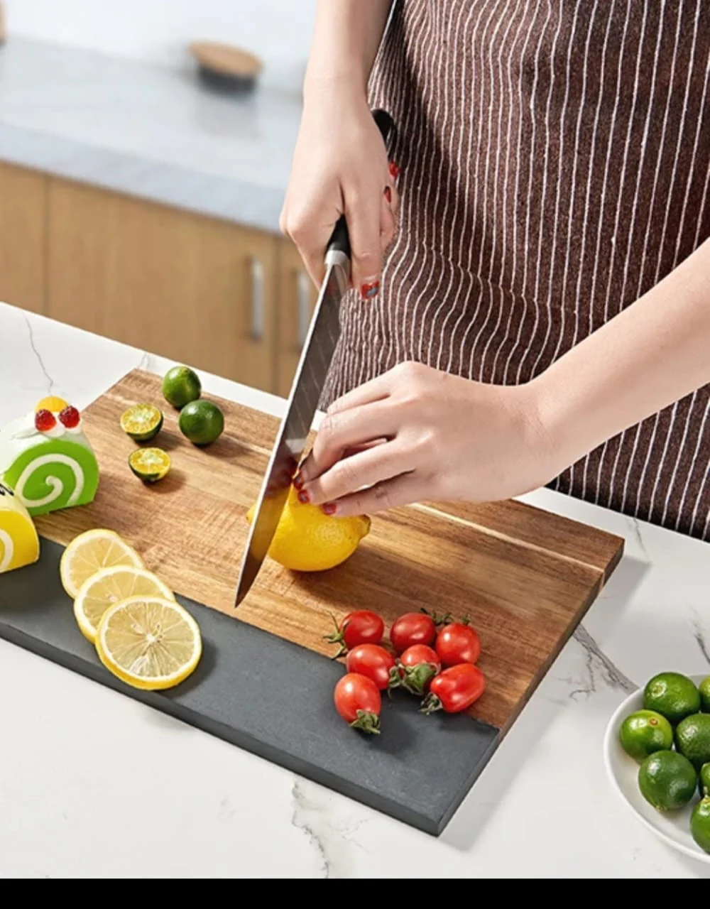 Rectangular Acacia Wood Cutting Board with Natural Marble Inlay Double-Sided Serving & Chopping Board - Image 3