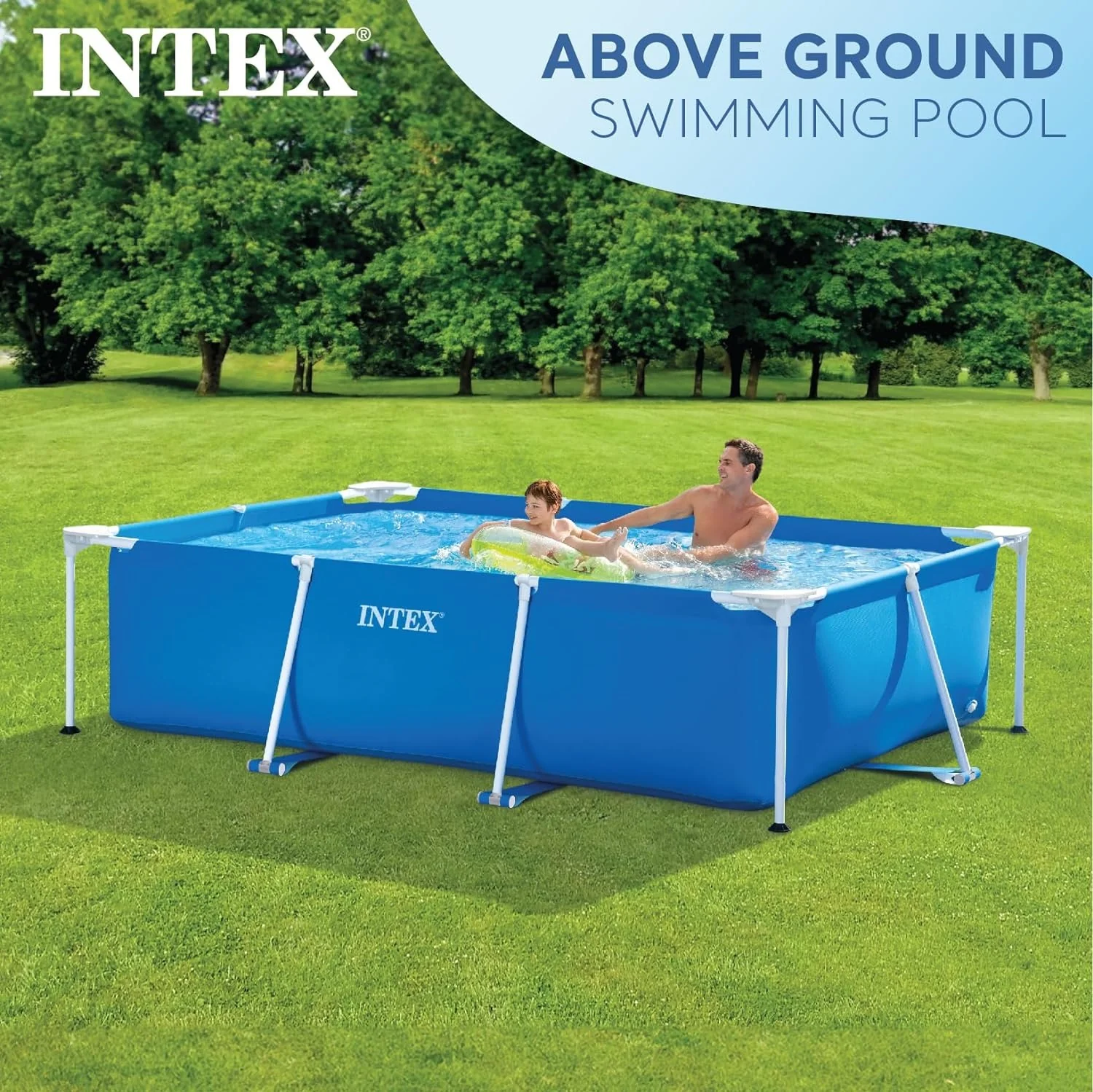 Rectangular Frame Above Ground Quick Easy Set Up Backyard Outdoor Swimming Pool with Drain Plug for Ages 6 and Up 300 x 200 x 75 cm - Image 2