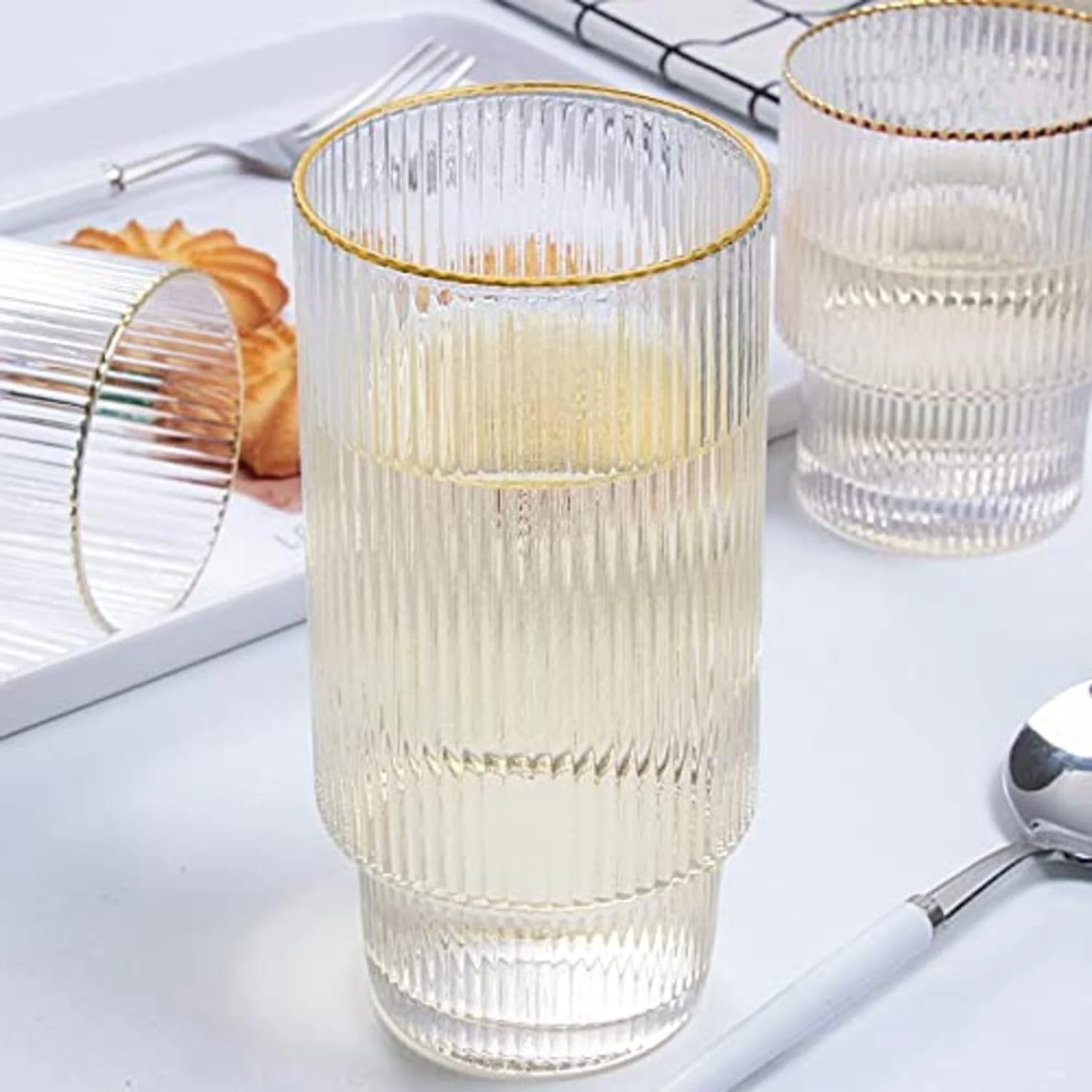Ribbed Tumblers with Straws Glass Tumbler Cocktail Glasses 6pcs - Image 8