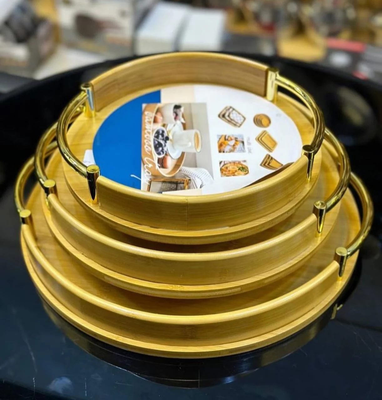 Round Bamboo Serving Tray with Metal Handles Multi-Functional & Stylish - Image 2