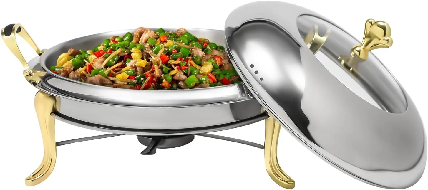 Round Chafing Dish Stainless Steel Buffet Chafer, Food Warmer Set with a 26cm/10.24in Pot, Lid - Image 2