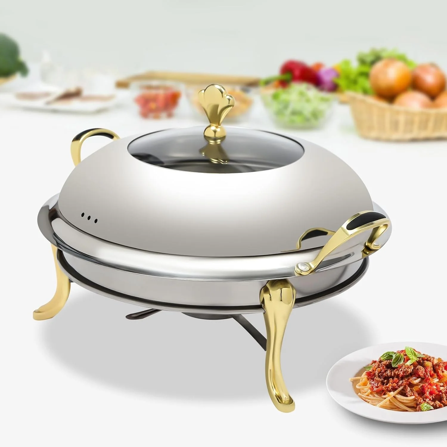 Round Chafing Dish Stainless Steel Buffet Chafer, Food Warmer Set with a 26cm/10.24in Pot, Lid - Image 4