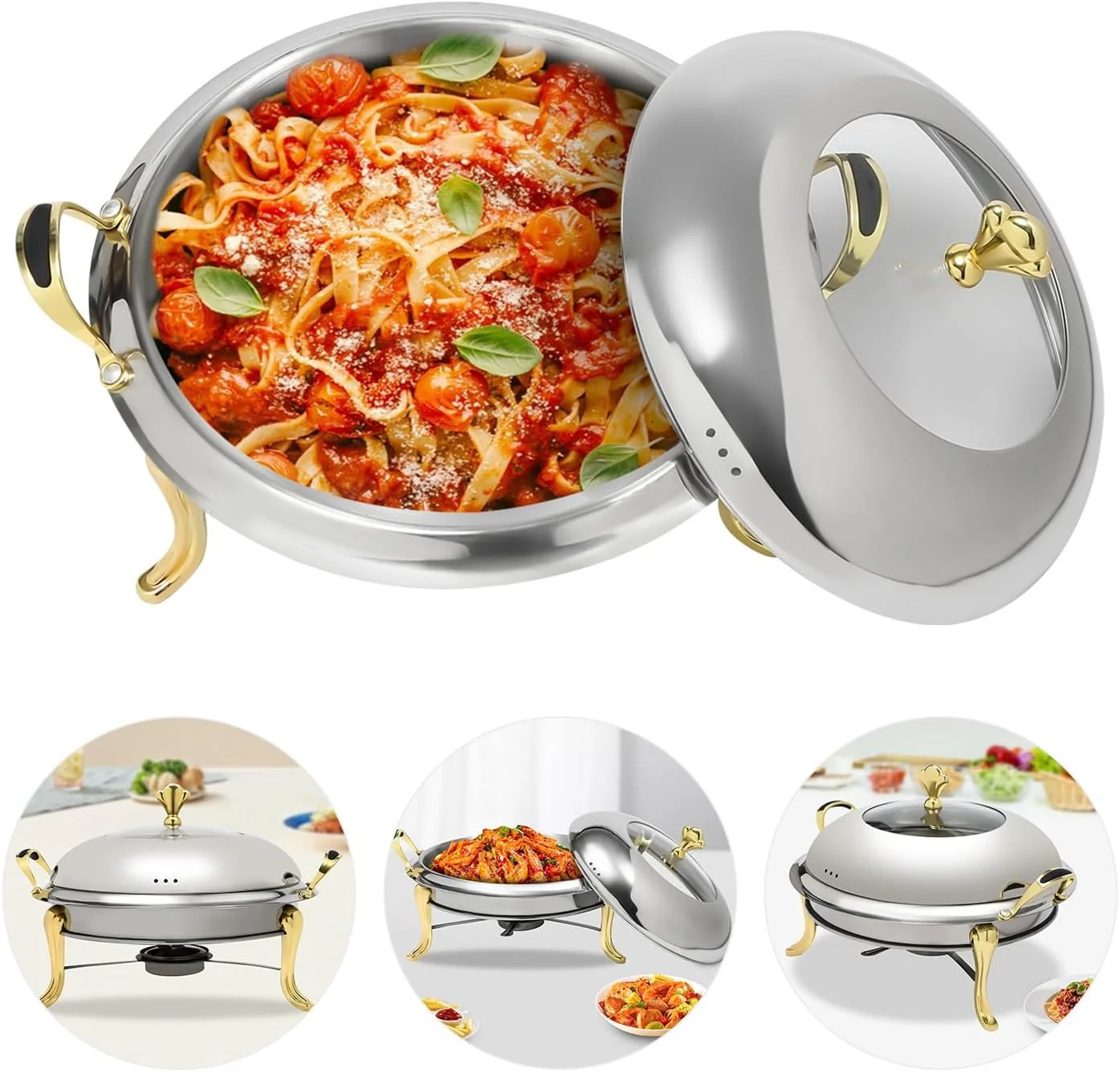 Round Chafing Dish Stainless Steel Buffet Chafer, Food Warmer Set with a 26cm/10.24in Pot, Lid - Image 5