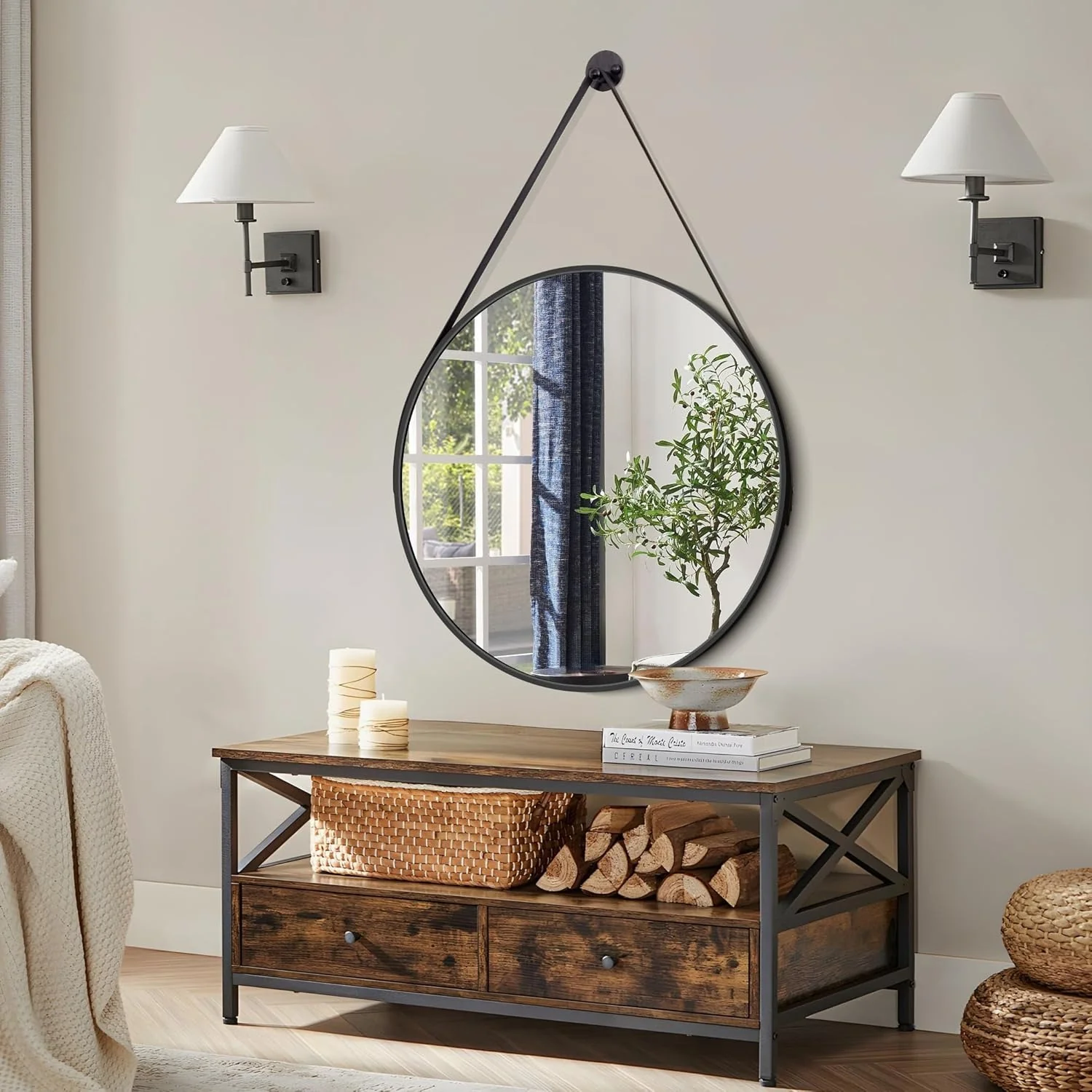 Round Hanging Mirror with Strap Decorative Wall Mirror 60cm - Image 3