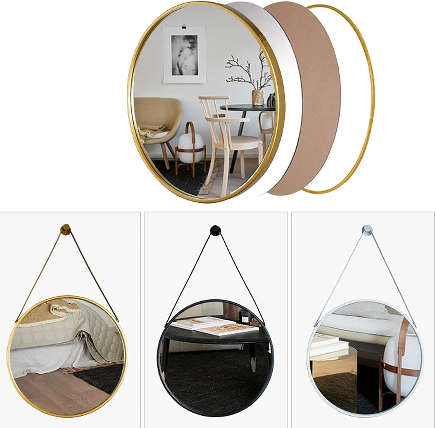 Round Hanging Mirror with Strap Decorative Wall Mirror 60cm - Image 6