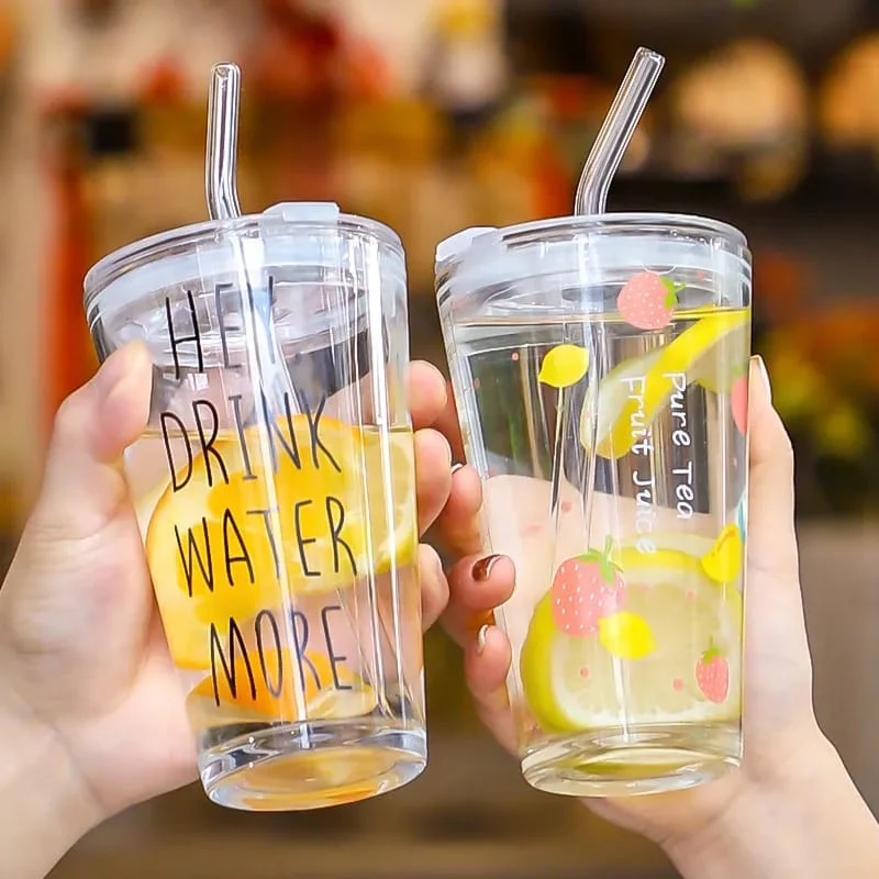 Round Transparent Borosilicate Drinking Glass Cup/Tumbler with lid + Straw - Image 2