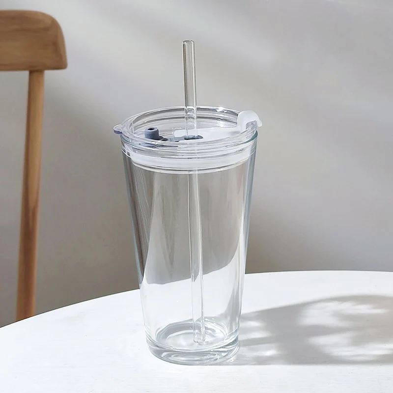 Round Transparent Borosilicate Drinking Glass Cup/Tumbler with lid + Straw - Image 3