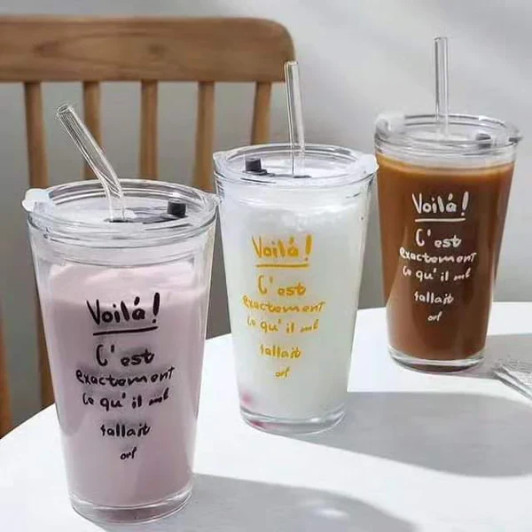 Round Transparent Borosilicate Drinking Glass Cup/Tumbler with lid + Straw - Image 2